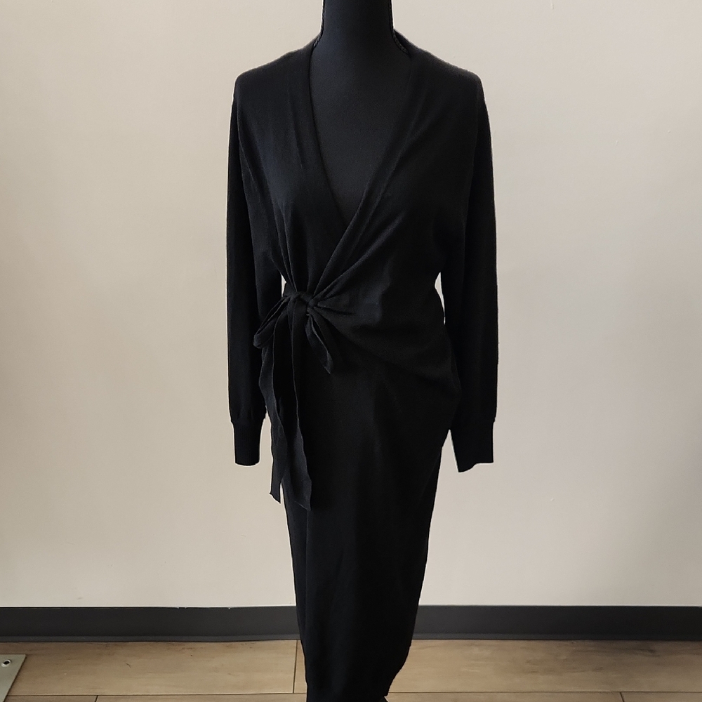 Black Long Sleeve Wrap Dress with Side Tie